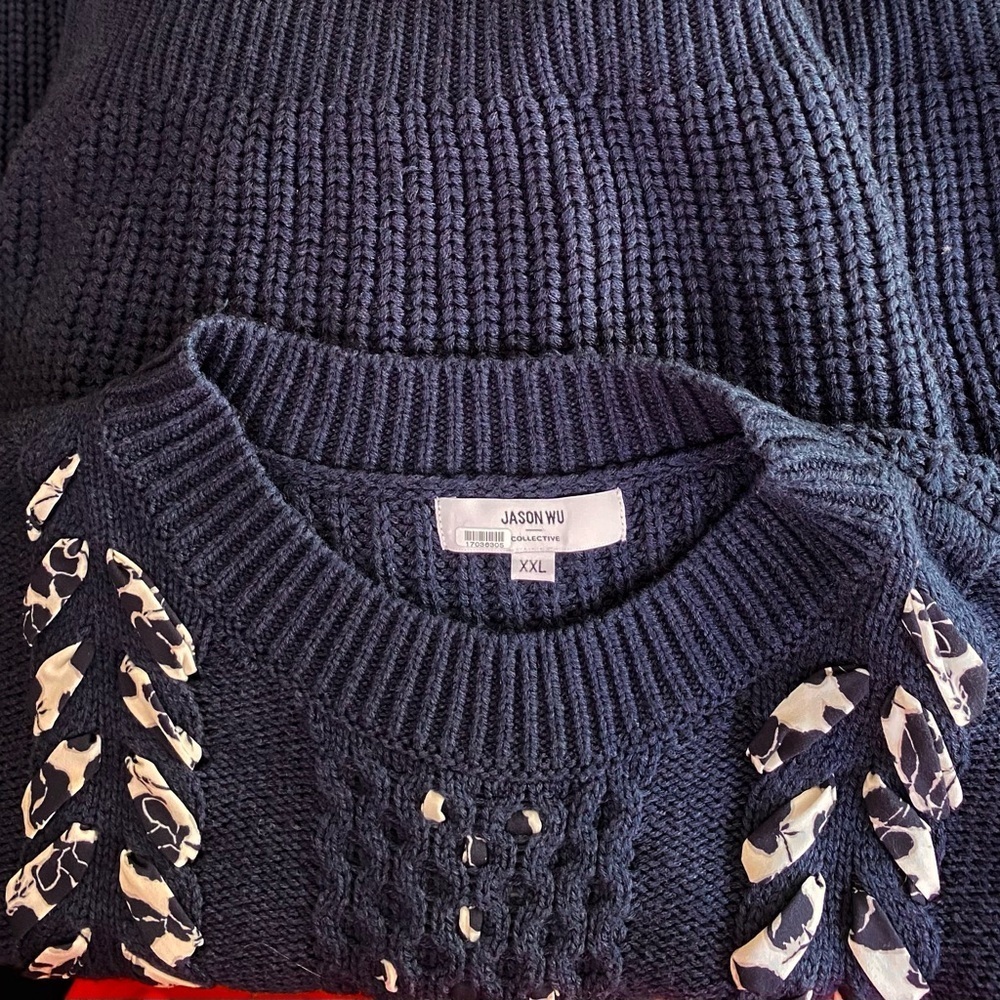 Jason Wu Collective Woven Detail Sweater Crew Neck Dark Blue Size XXL - Picture 7 of 9